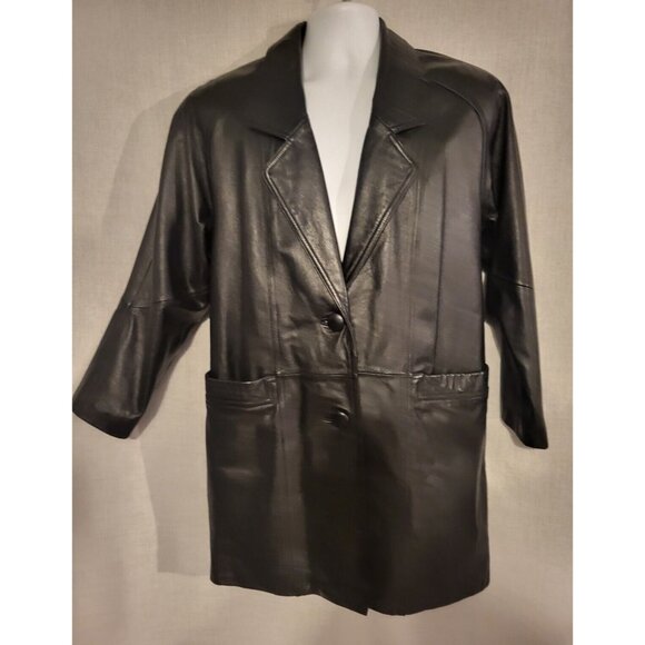 Preston & York Black Genuine Leather Long Overcoat Coat Womens S Petite Unisex - Picture 1 of 9